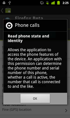 “Read phone state and identity: Allows the application to access
  the phone features of the device. An application with this permission can
  determine the phone number and serial number of this phone, whether a call
  is active, the number that call is connected to and the like.”